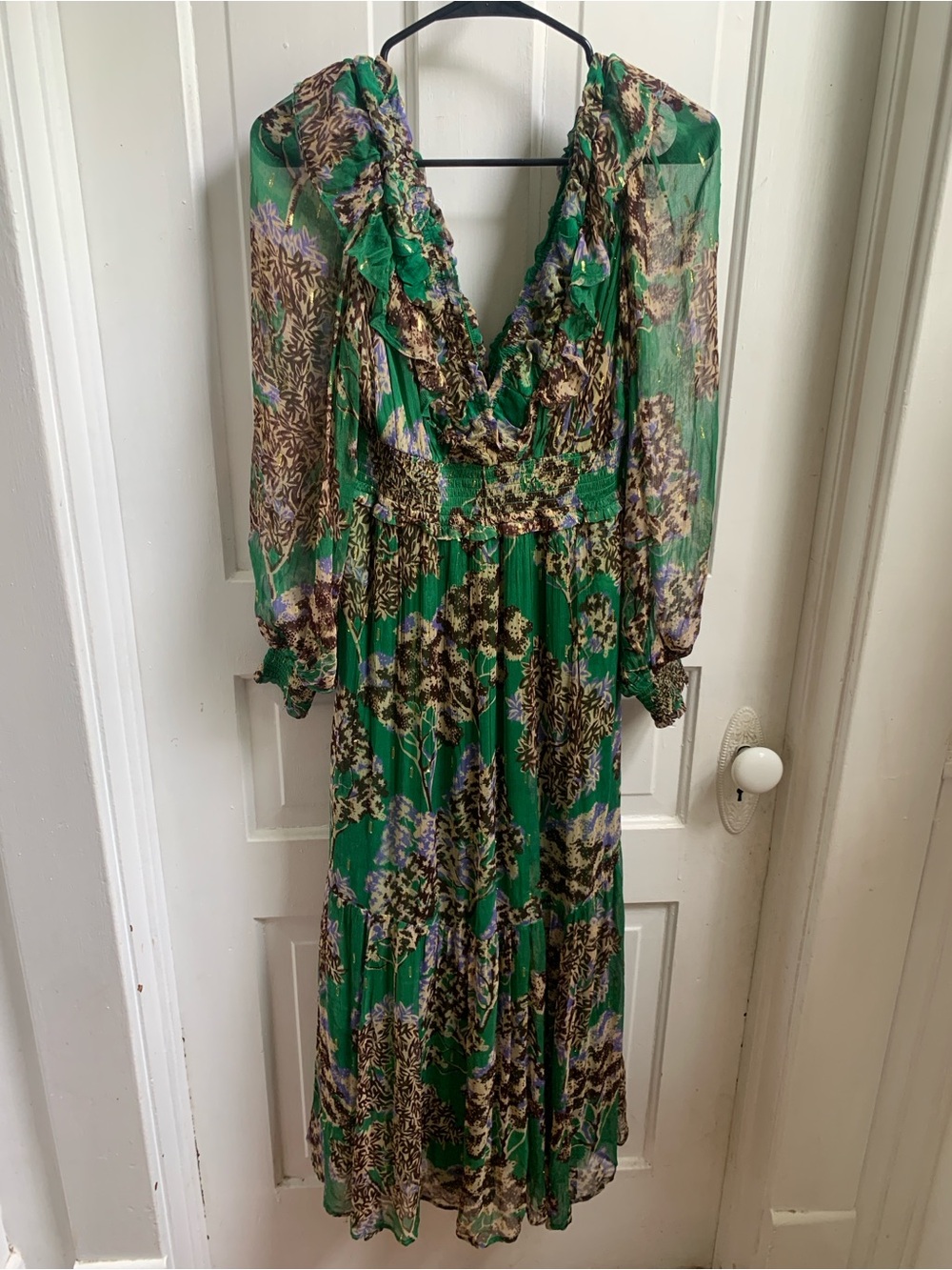 NWT Anthropologie Odetta Ruffle V Neck Maxi Dress Small Green Motif Floral